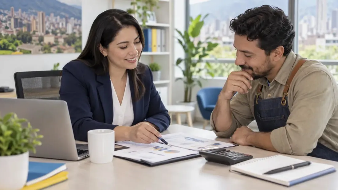 Asesora financiera revisando opciones de financiación con un comerciante.