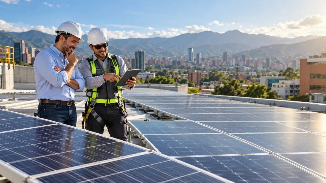 Empresario y asesor técnico revisando un proyecto solar sobre una cubierta comercial.
