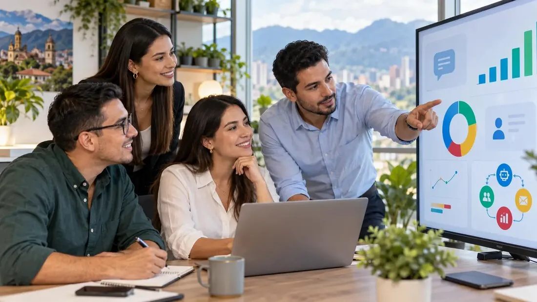 Equipo empresarial revisando automatización, servicio y reportes comerciales.